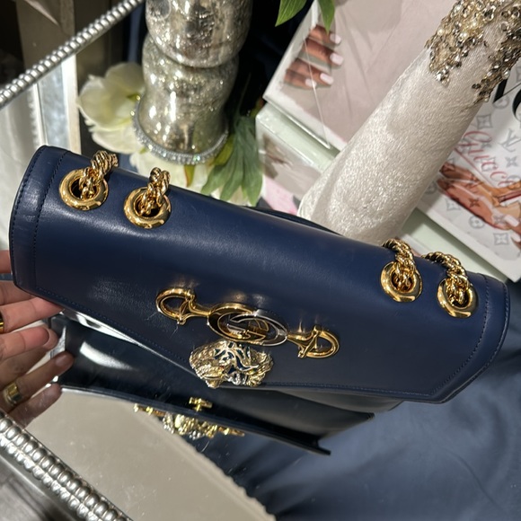 ✨Gucci Rajah Chain Shoulder Bag Leather Medium Blue Handbag Bag - Picture 9 of 16